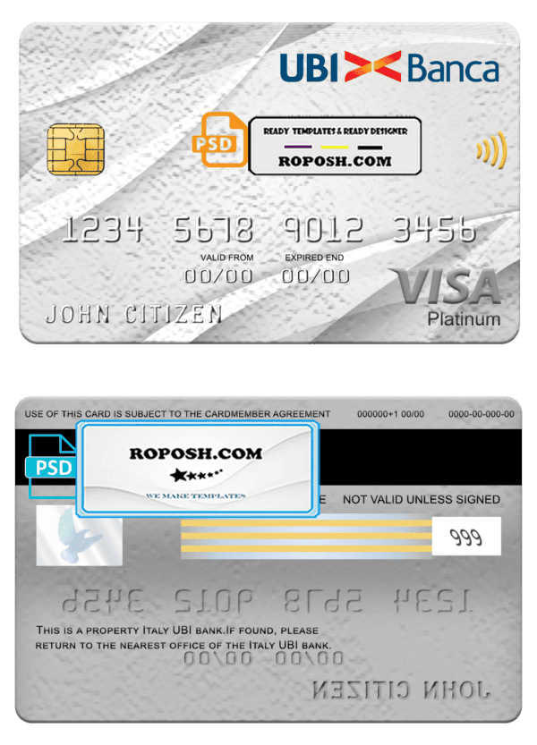 Italy UBI bank visa platinum card, fully editable template in PSD format