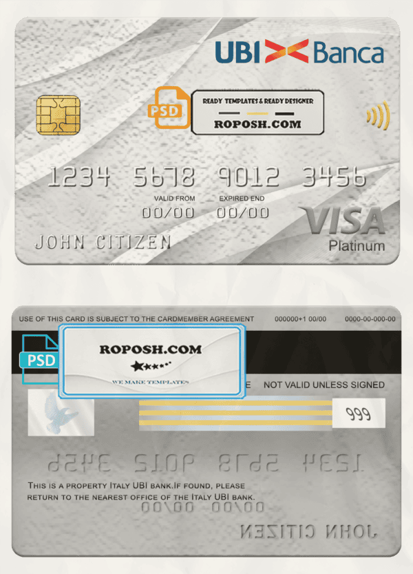 Italy UBI bank visa platinum card, fully editable template in PSD format