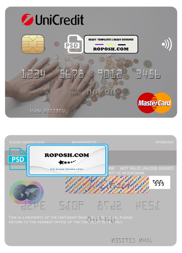 Italy UniCredit Bank mastercard fully editable template in PSD format