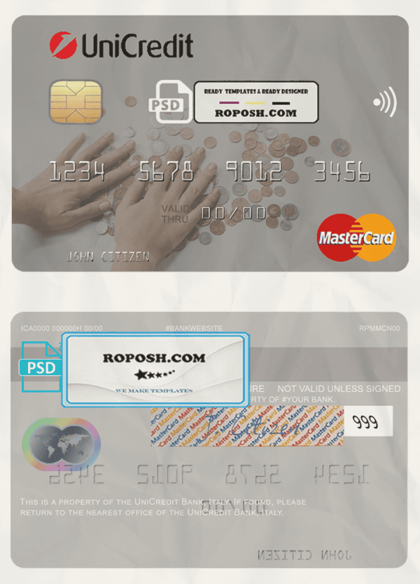 Italy UniCredit Bank mastercard fully editable template in PSD format