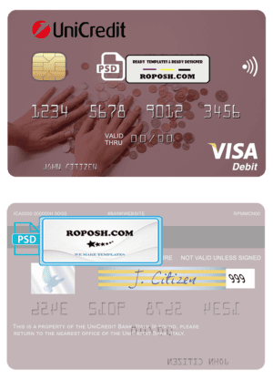 Italy UniCredit Bank visa card fully editable template in PSD format