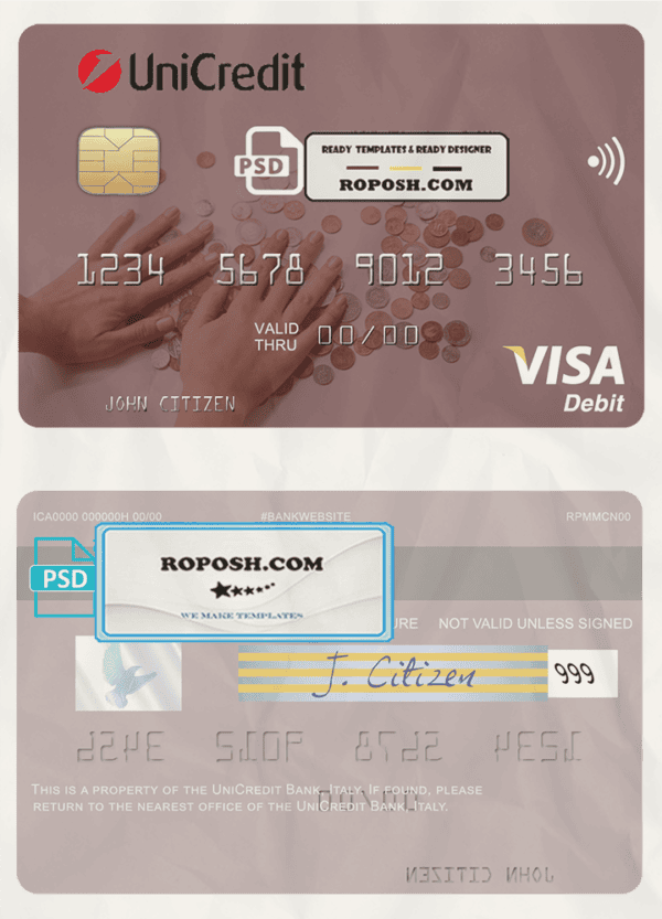Italy UniCredit Bank visa card fully editable template in PSD format
