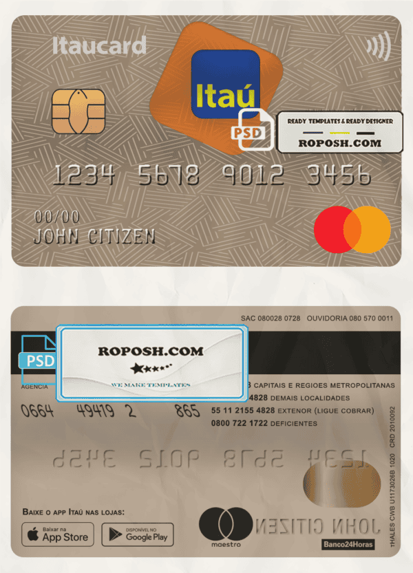 Brazil Itaú bank mastercard debit card template in PSD format, fully editable