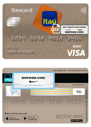 Brazil Itaú bank visa card debit card template in PSD format, fully editable