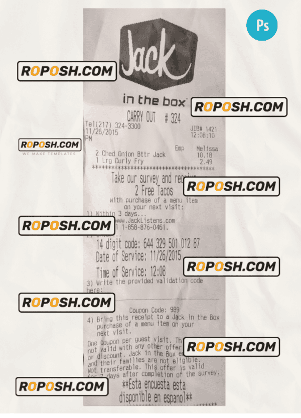 JACK payment receipt PSD template