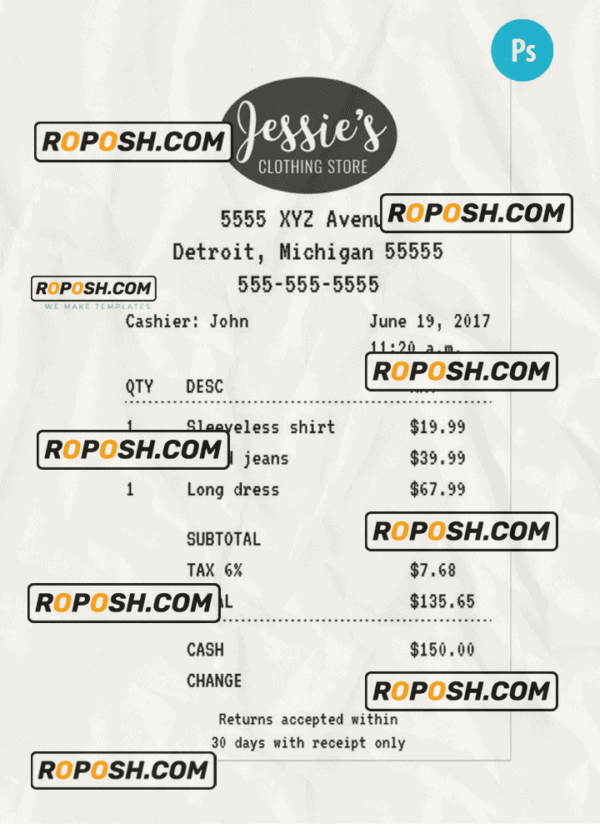 JESSIE’S CLOTHING STORE receipt PSD template