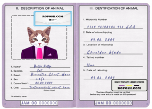 Jamaica cat (animal, pet) passport PSD template, completely editable