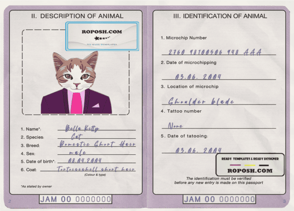 Jamaica cat (animal, pet) passport PSD template, completely editable