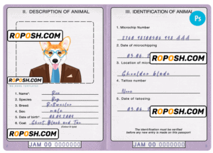 Jamaica dog (animal, pet) passport PSD template, fully editable