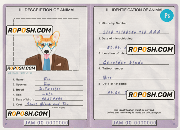Jamaica dog (animal, pet) passport PSD template, fully editable scan effect