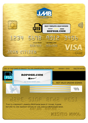 Jamaica Mortgage bank visa gold card, fully editable template in PSD format