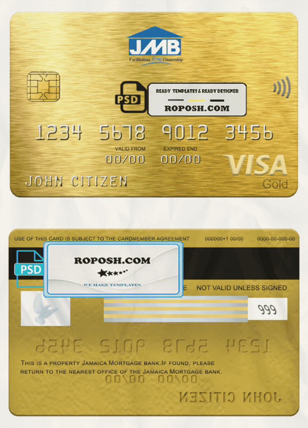Jamaica Mortgage bank visa gold card, fully editable template in PSD format