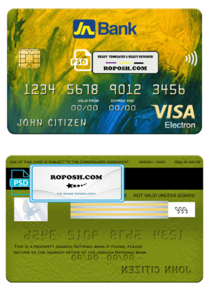 Jamaica National bank visa electron card, fully editable template in PSD format