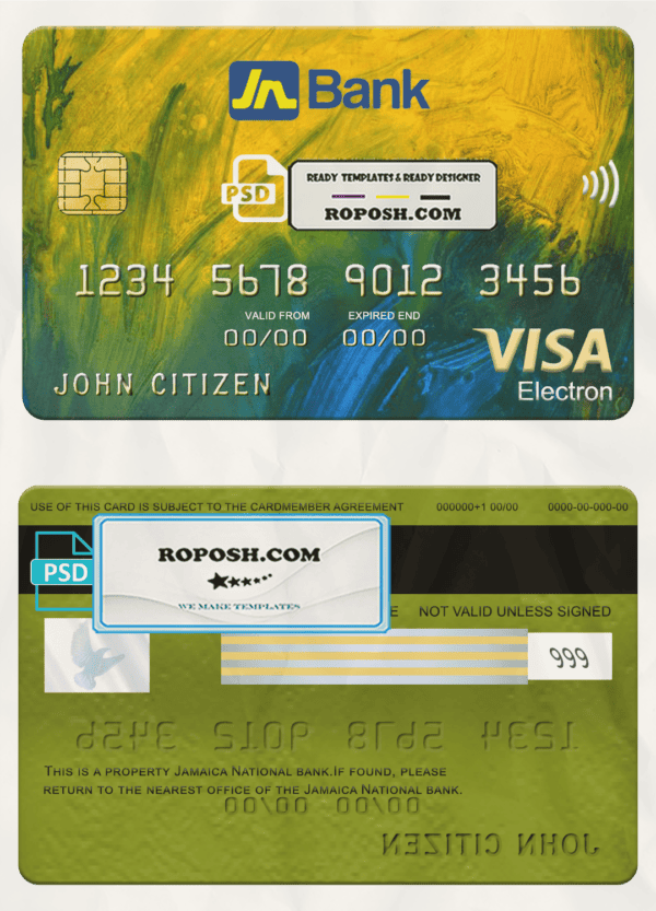 Jamaica National bank visa electron card, fully editable template in PSD format