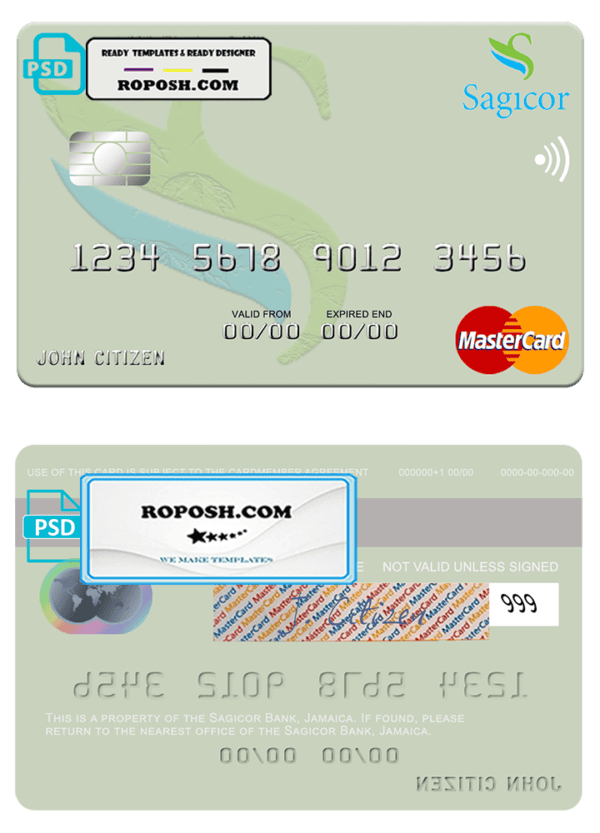 Jamaica Sagicor Bank mastercard fully editable template in PSD format