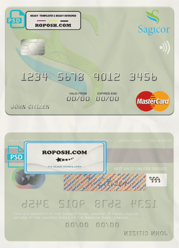 Jamaica Sagicor Bank mastercard fully editable template in PSD format