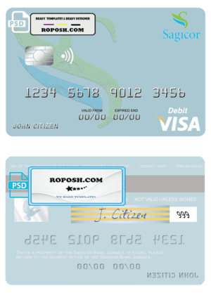 Jamaica Sagicor Bank visa card fully editable template in PSD format