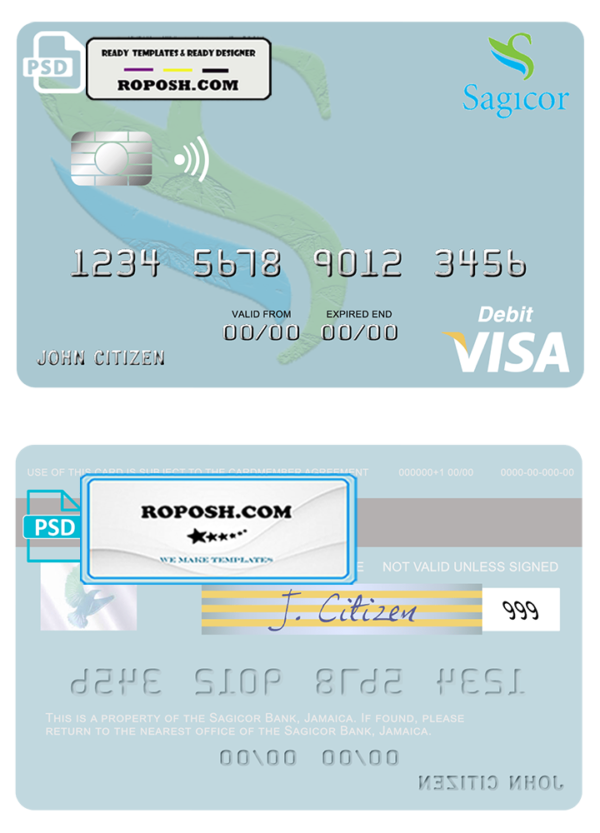 Jamaica Sagicor Bank visa card fully editable template in PSD format