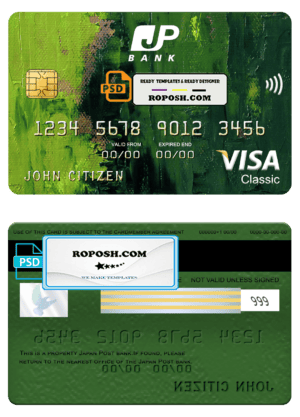 Japan Post bank visa classic card, fully editable template in PSD format