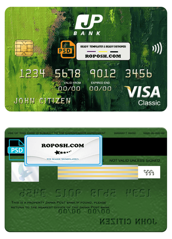 Japan Post bank visa classic card, fully editable template in PSD format