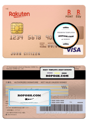 Japan Rakuten bank visa card, fully editable template in PSD format