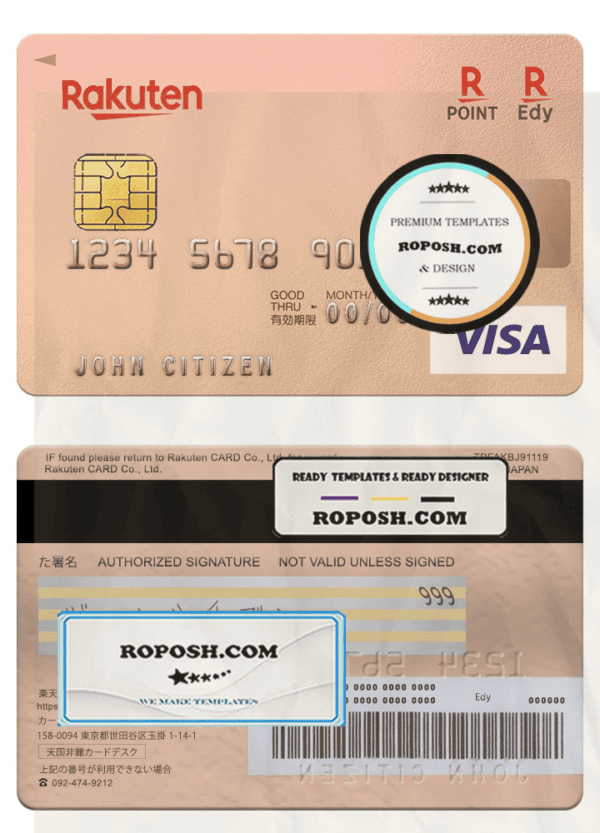 Japan Rakuten bank visa card, fully editable template in PSD format
