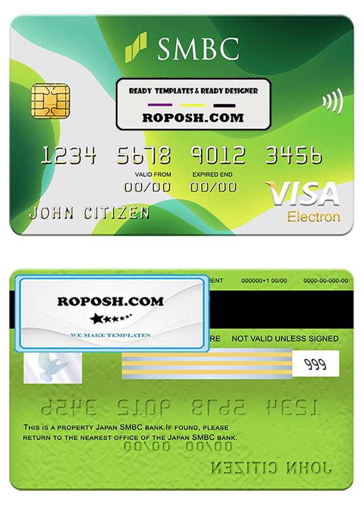 Japan Sumitomo Mitsui Banking Corporation (SMBC) bank visa electron card, fully editable template in PSD format