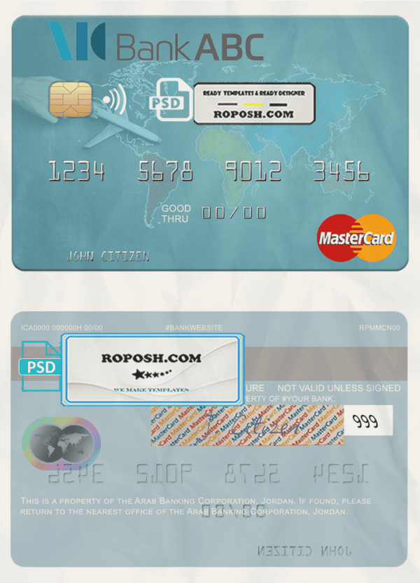 Jordan Arab Banking Corporation (ABC) mastercard fully editable template in PSD format