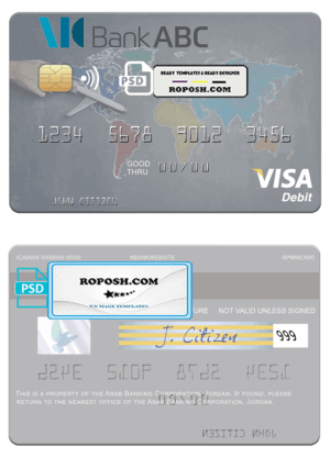 Jordan Arab Banking Corporation (ABC) visa card fully editable template in PSD format