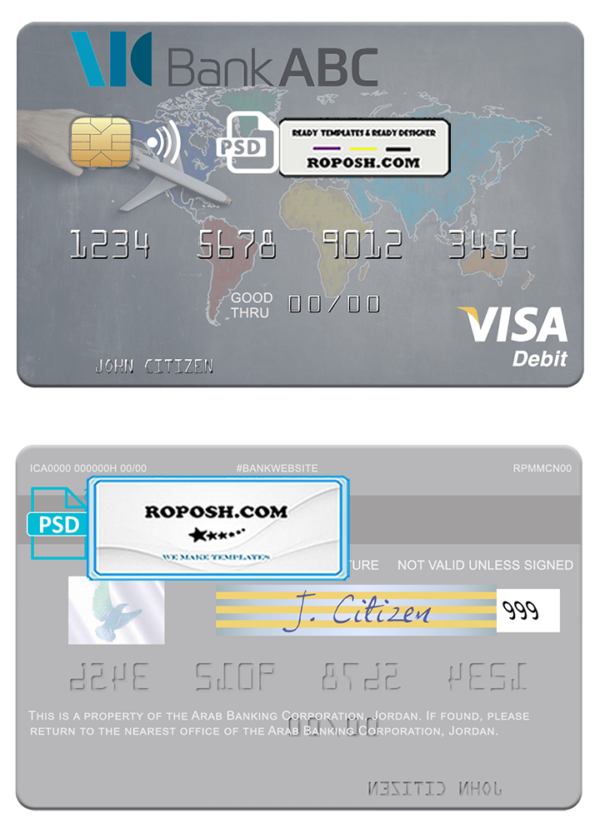 Jordan Arab Banking Corporation (ABC) visa card fully editable template in PSD format
