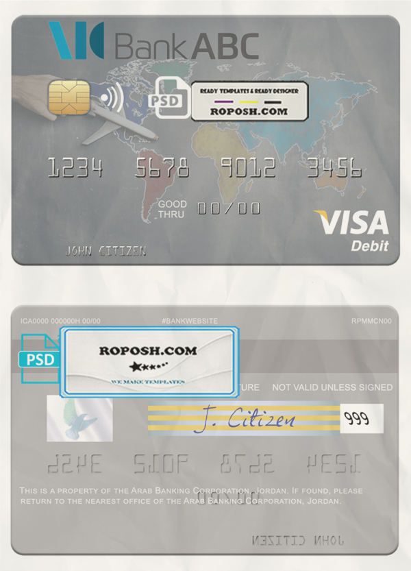Jordan Arab Banking Corporation (ABC) visa card fully editable template in PSD format scan effect