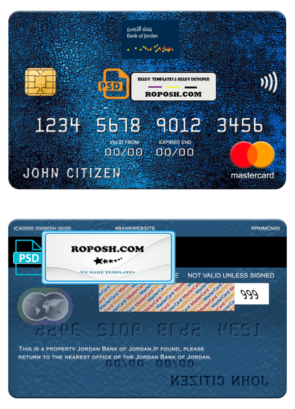 Jordan Bank of Jordan mastercard, fully editable template in PSD format