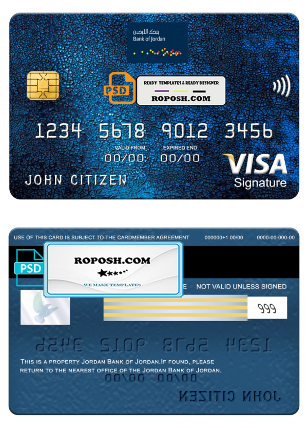 Jordan Bank of Jordan visa signature card, fully editable template in PSD format