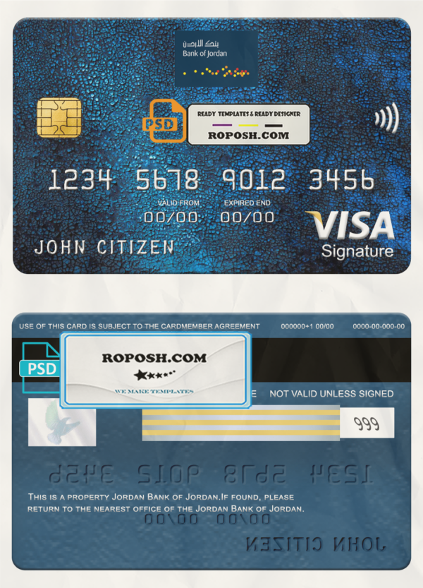 Jordan Bank of Jordan visa signature card, fully editable template in PSD format scan effect
