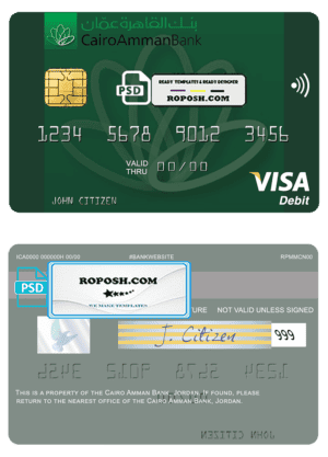 Jordan Cairo Amman Bank visa card fully editable template in PSD format