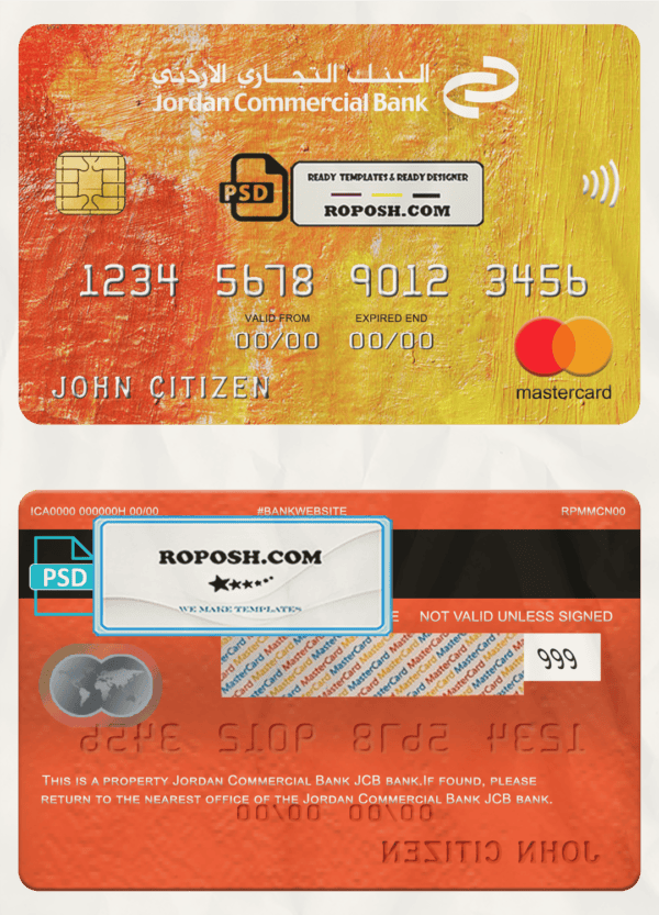 Jordan Commercial Bank JCB bank mastercard, fully editable template in PSD format