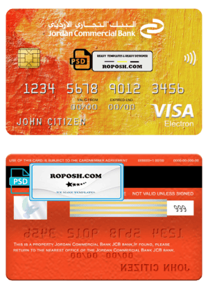 Jordan Commercial Bank JCB bank visa electron card, fully editable template in PSD format