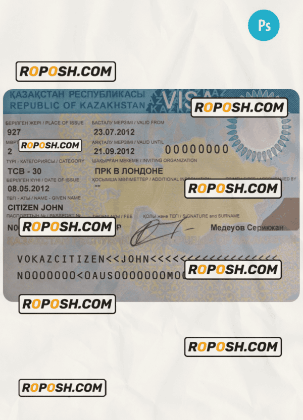 Kazakhstan entry visa PSD template, completely editable, with fonts