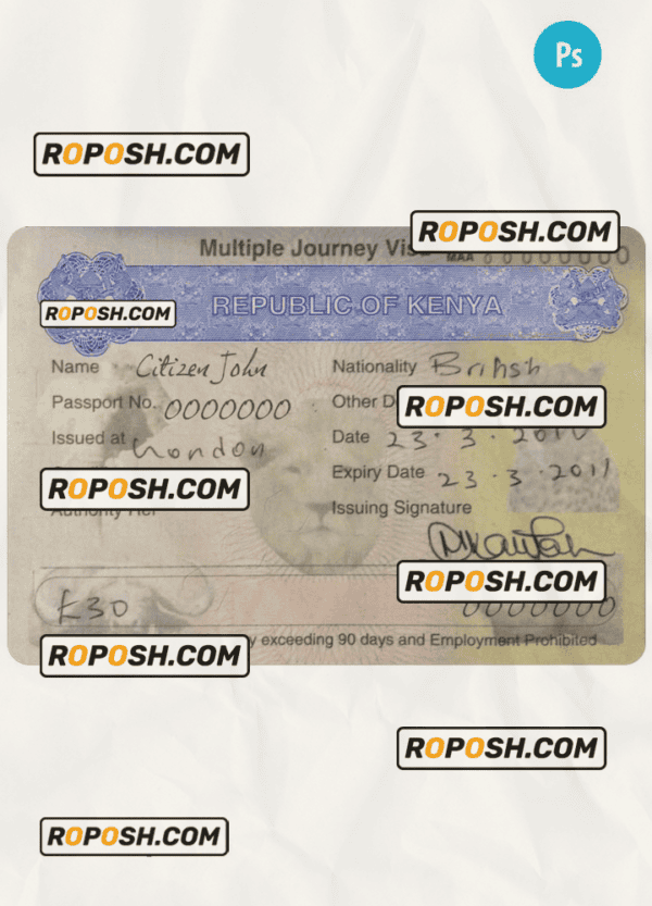 KENYA multiple journey visa PSD template, completely editable, with fonts