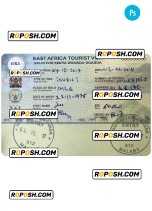 Kenya-Rwanda-Uganda tourist visa PSD template, fully editable