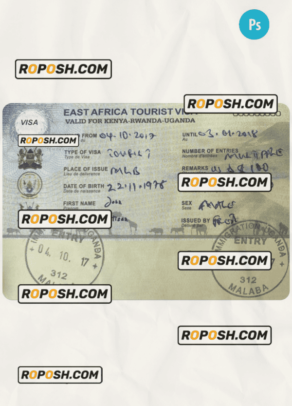 Kenya-Rwanda-Uganda tourist visa PSD template, fully editable