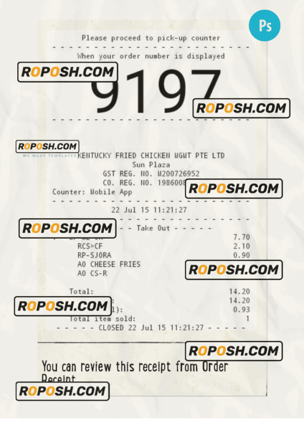 KFC payment check PSD template