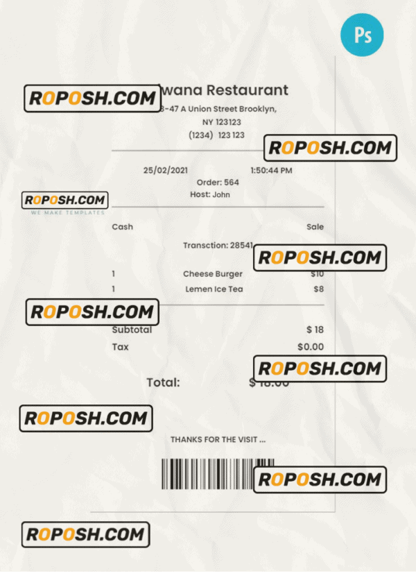 KIWANA RESTAURANT payment check PSD template