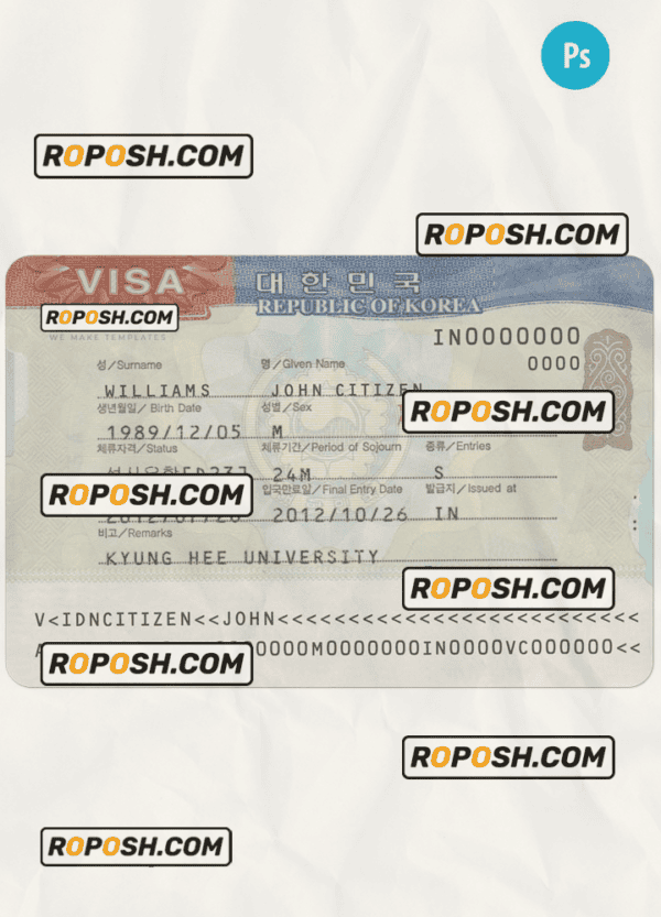 KOREA travel visa PSD template, completely editable, with fonts