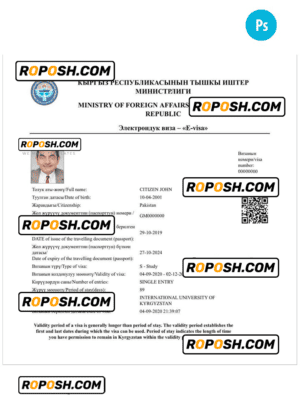 KYRGYZSTAN electronic visa PSD template, completely editable, with fonts