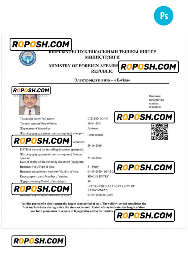 KYRGYZSTAN electronic visa PSD template, completely editable, with fonts