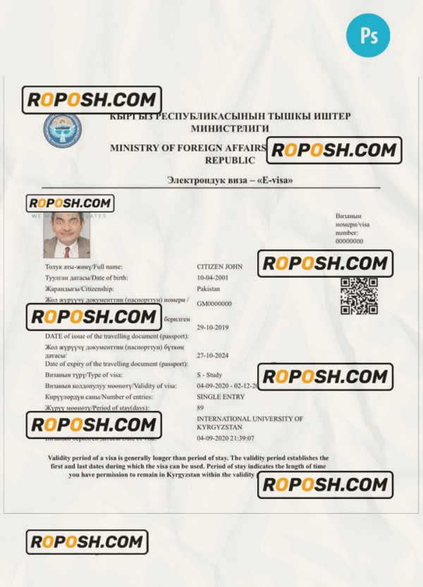 KYRGYZSTAN electronic visa PSD template, completely editable, with fonts