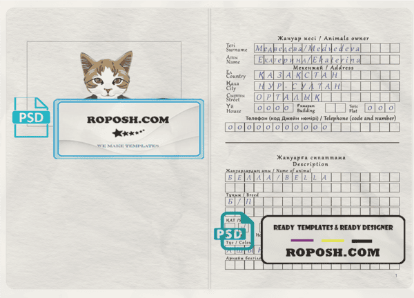 Kazakhstan cat (animal, pet) passport PSD template, fully editable