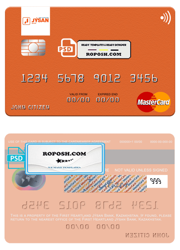 Kazakhstan First Heartland Jýsan Bank mastercard fully editable template in PSD format