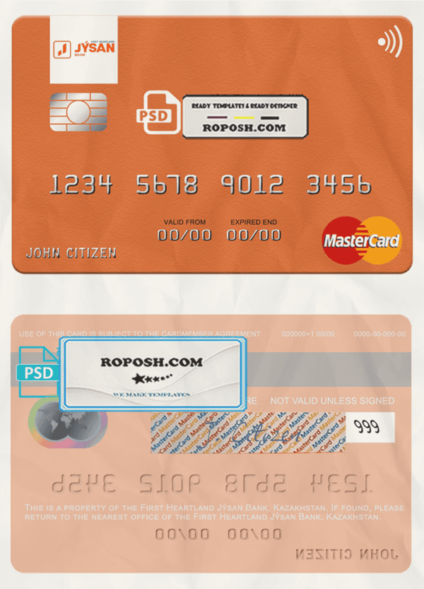 Kazakhstan First Heartland Jýsan Bank mastercard fully editable template in PSD format